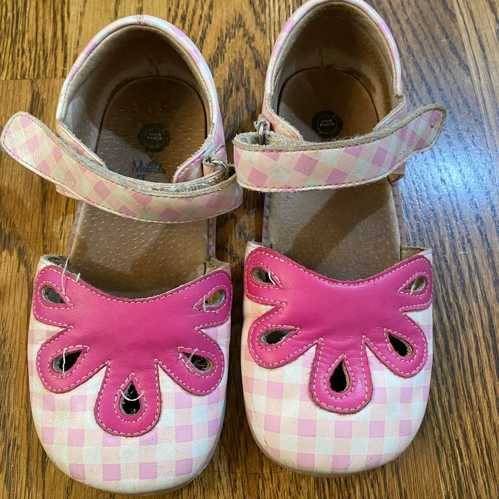 Livie & Luca Pink Gingham Mary Jane Dress Shoes with Hot Pink Floral Applique